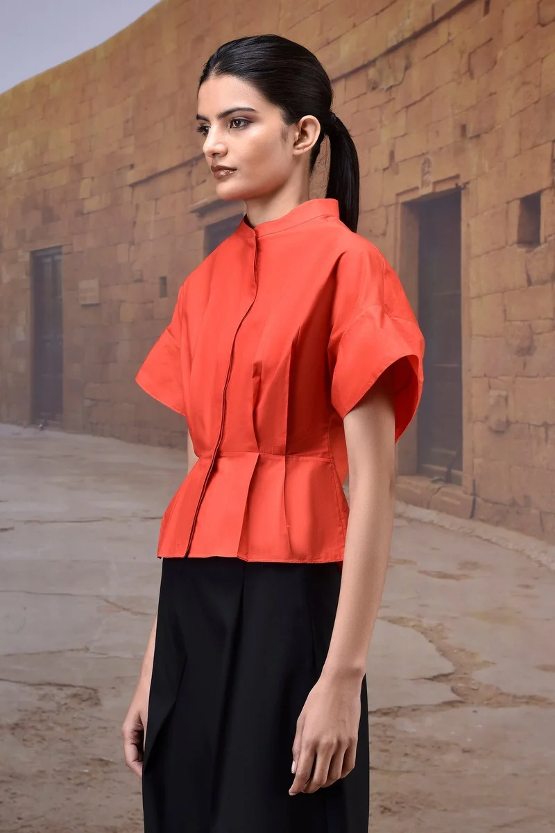 Genes Lecoanet Hemant  Coquelicot Red Giza Cotton Top with Structured Sleeves for Women | Best Price UAE